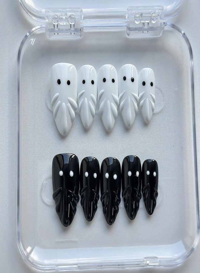 MABKJLF Halloween Luxury Press on Nails Long Almond Handmade 3D Unique Reusable ABS Material Fake Nails Black&White False Nails with Ghost Designs Cute Glossy Glue on Nail Thick Acrylic Nail(S) - Image 4